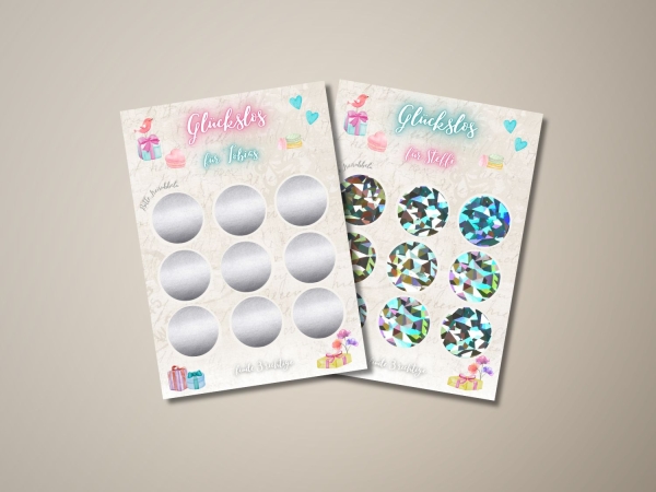 Zwei romantische Rubbellos-Karten im A6-Format mit silbernen und holografischen Rubbelstickern – personalisierbares Geschenk für Paare